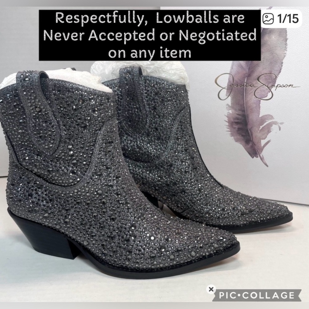 BNIB FIRST QUALITY Jessica Simpson Pewter Tamira 2 Rhinestone Ankle Boots 5.5M